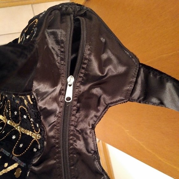 NWOT Black Velvet Shoulder Bag/Tote, Gold Sequins & Beads - Picture 7 of 13
